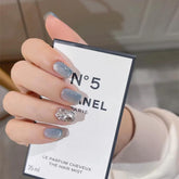 Vibeficant Glaze Blue Cat Eye Press on Nails Short Square Rhinestone Design